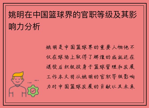 姚明在中国篮球界的官职等级及其影响力分析